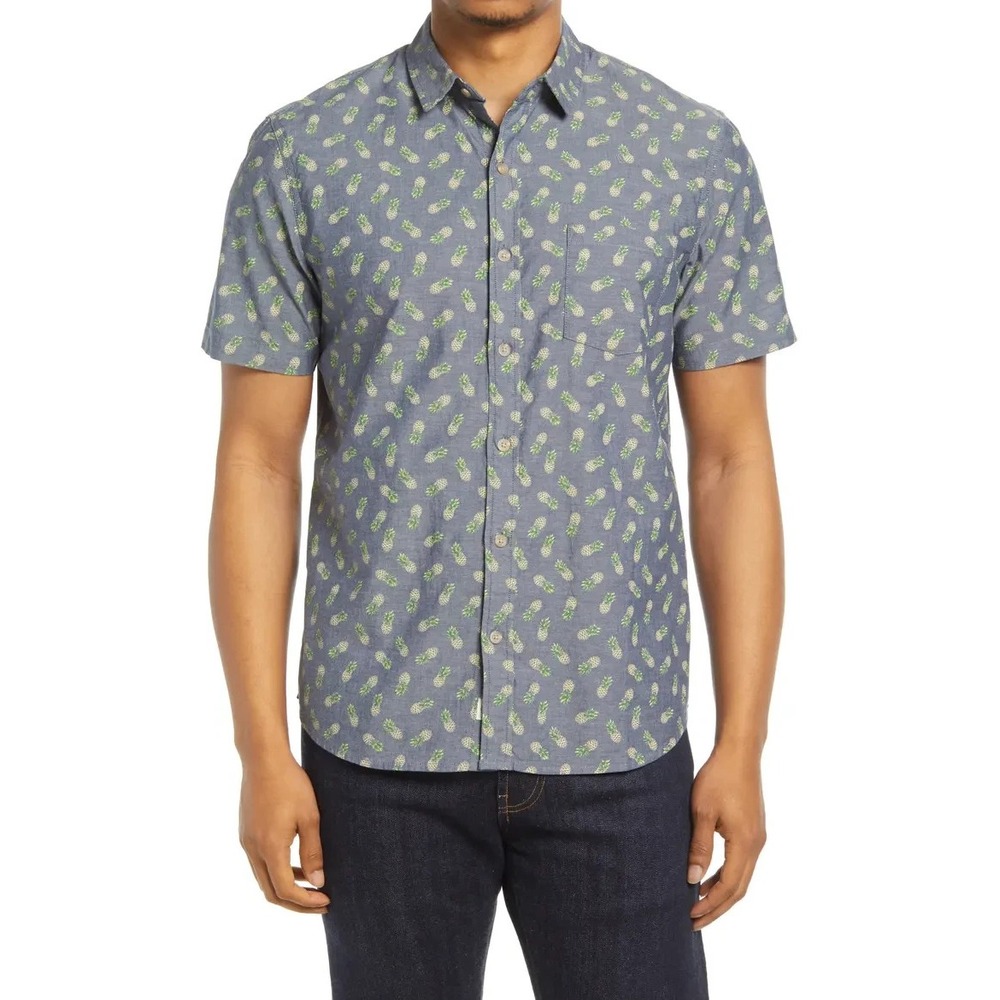 Marine Layer Pineapple Short Sleeve Chambray Button-Up Shirt Men Large Resort